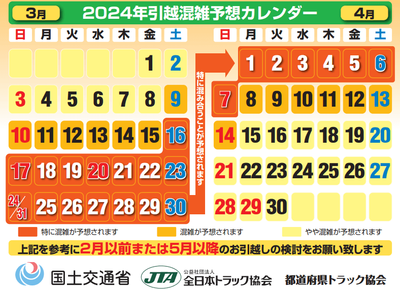 国交省 引越し混雑予想カレンダー