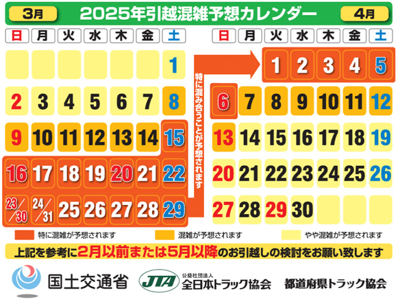 国交省 2025年引越し混雑予想カレンダー